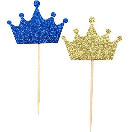 36-Pack Blue and Gold Crown Cupcake Toppers Picks, Royal Prince Cupcake Toppers for Birthday Baby Shower Wedding Party Decorations Supplies