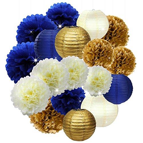 18PCs Navy Blue Gold Cream 10inch 12inch Tissue Paper Pom Pom Paper Flowers Honeycomb Paper Lanterns for Navy Blue Themed Party Decoration Bridal Shower Decor Baby Shower Royal Prince Party Supplies