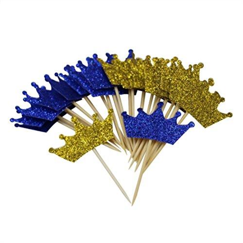 Mybbshower Gold Royal Blue Glitter Crown Cupcake Toppers for First Birthday Party Prince Baby Shower Decorations Pack of 24