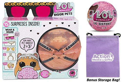 LOL Surprise BIGGIE Pets Bundle includes (1) MC Hammy + (1) Eye Spy Lil Sister Doll + BONUS Action Media Storage Bag!