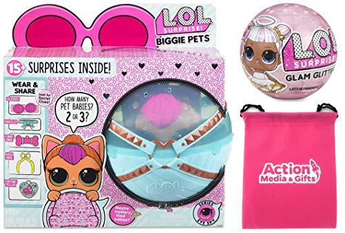 LOL Surprise Biggie Pet Bundle Includes (1) Neon Kitty + (1) Limited Edition Glitter Glam + Bonus Action Media Storage Bag!