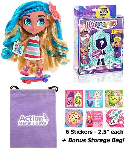 Hairdorables Dolls Gift Bundle - (1) Collectible Series 1 Surprise Doll (Styles May Vary) + (6) Shopkins Stickers + BONUS Action Media Storage Bag!