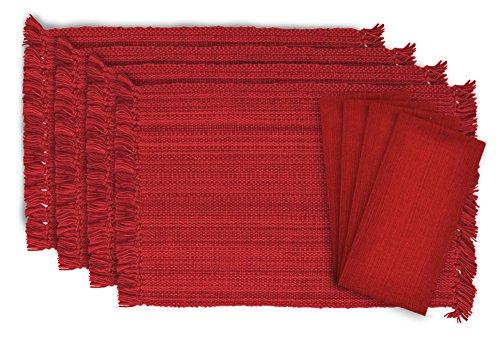 DII Tonal Fringe Linen Set, 4 Placemats & 4 Napkins, Tango Red - Perfect for Fall, Dinner Parties, BBQs, Christmas, Weddings and Everyday Use