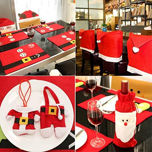 Christmas Dinner Table Party Decorations Kit (with 6 Santa Claus Red Hat Chair Back Cover + 6Placemats + 6 Silverware Holder Pockets + 2 Wine Bottle Bags), Family Xmas Party Decor Gift (Set 1)