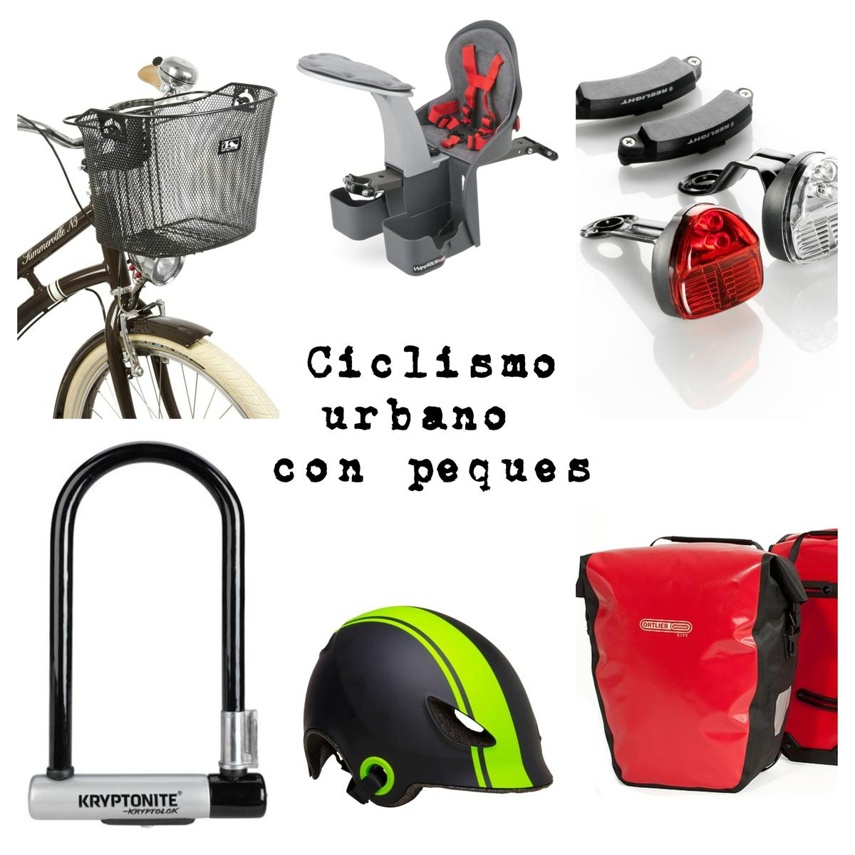 Image of bike seat, lock, helmet, lights and basket