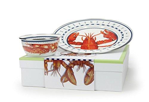 Enamelware, Lobster Collection, Dip Set, 2-piece giftboxed set includes 12.5 inch Charger & 3 cup Salad Bowl, 13.5 x 13.5 x 4 inch gift box