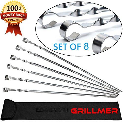 BBQ Barbecue Skewers Stainless Steel Long 23 inch Set of 8 Piece Heavy Duty Large Wide Grilling Reusable Kabob Sticks with NonSlip Ring Handle Ideal for Shish Kebab Chicken Shrimp and Vegetables
