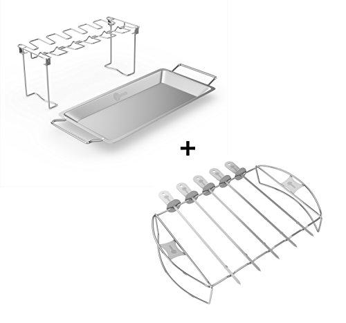 Chicken Wing Roaster + Barbecue Skewer Shish Kabob Set - BBQ Kebab Rack Maker for Meat & Vegetable - Portable Stainless Steel Kabab Stick for Cooking on Gas or Charcoal Grill