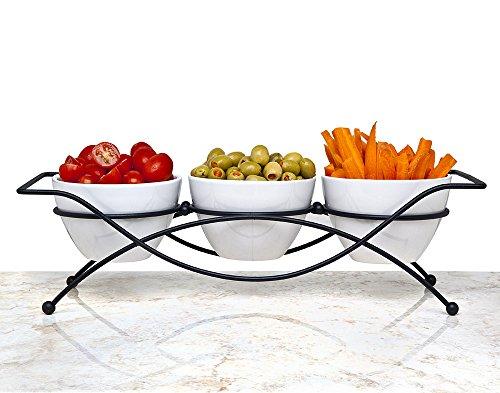 Elegant 4-piece Relish Tray with White Ceramic Bowl. Server Set with Metal Rack. Buffet Server for Candy, Nuts and Dips.
