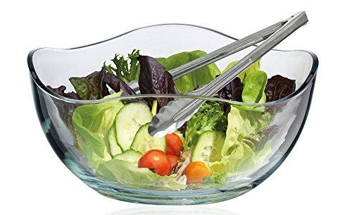 Large Wave Round Glass Salad Serving Bowl, with Salad Tong Serving Utensil