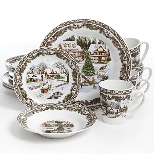 Gibson Home Christmas Toile 16 Piece Dinnerware Set, Multicolor