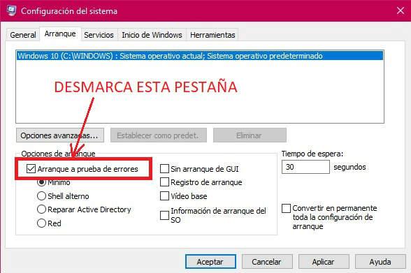 como quitar el modo a prueba de fallos en Windows