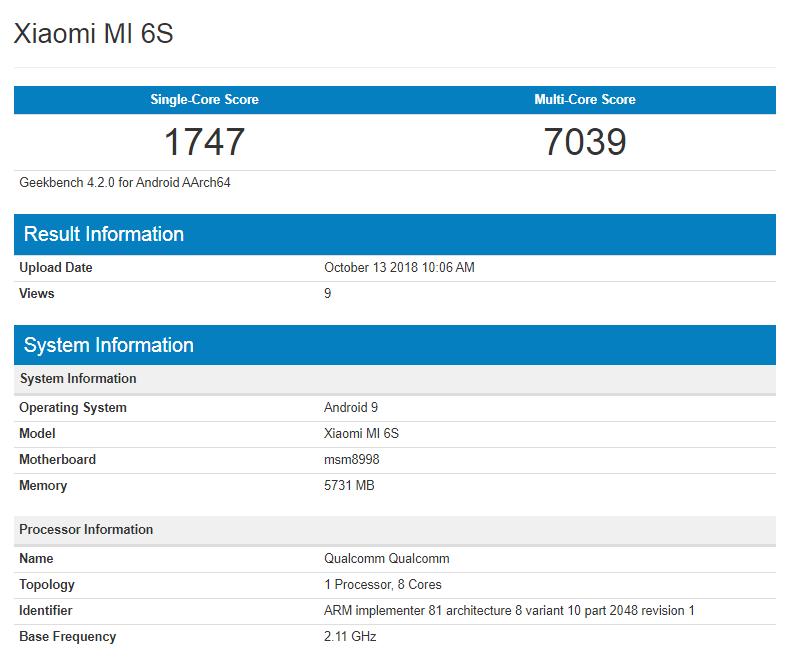 Xiaomi Mi 6S en Geekbench