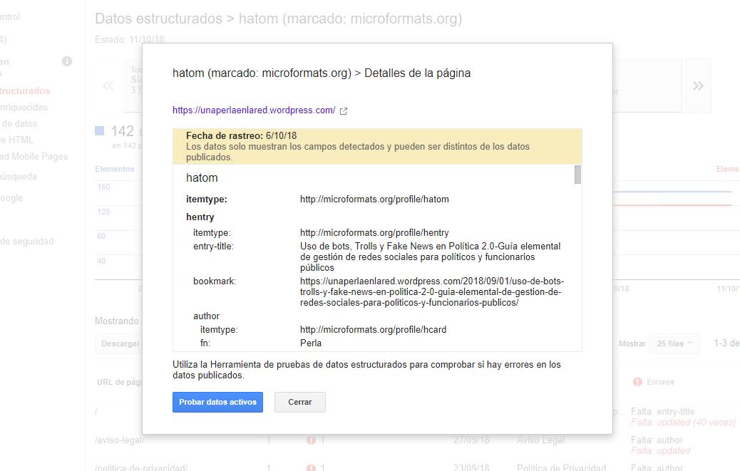 detalles errores datos estructurados-probar datos activos