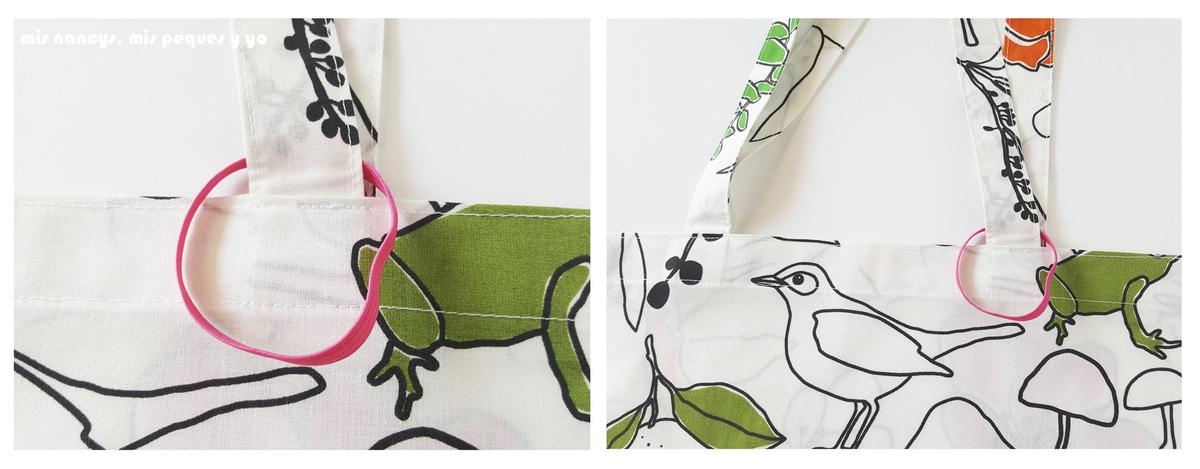 mis nancys, mis peques y yo, bolsas de tela para zapatos y Tote Bag, detalle goma elástica cogida al asa