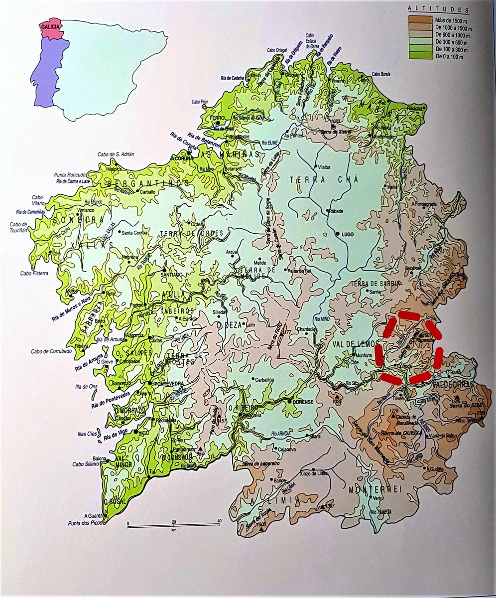 Mapa físico de Galicia. Marcamos en rojo a Serra do Courel, nuestro destino en ruta.
