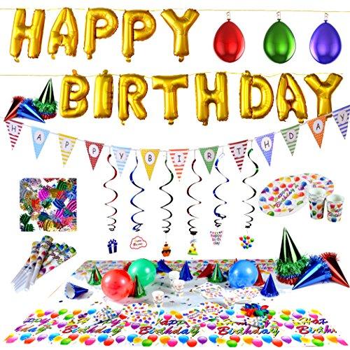 Joyin Toy Happy Birthday Decorations Party Supplies Set (Over 100 PC) All-in-One Pack including Banner, Flags, Foil Party Balloons, Hats,Confetti, Tablecloth and Plates