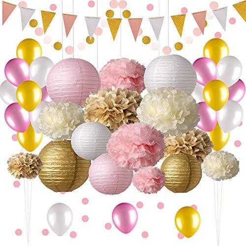 Pink and Gold Party Decorations, 50 pc Pink Party Supplies, Paper Pom Poms, Paper Lanterns, Glitter Garlands, Balloons, Confetti- Birthday Party - Princess Party - Ballerina Party - Bachelorette Party