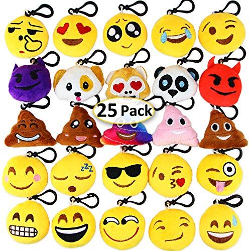Dreampark Emoji Keychain Mini Cute Plush Pillows, Chrsitmas Key Chain Decorations, Kids Party Supplies Favors, 2" Set of 25