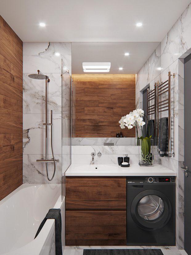 baño marmol y madera