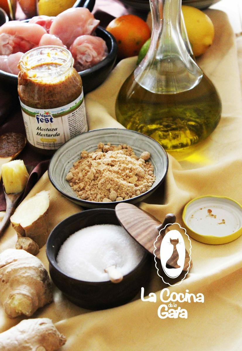Mostaza, aceite de Oliva, Jengibre, Azúcar y Sal