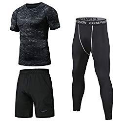 3 Piezas Niksa Conjunto Camiseta Compresión Ropa Deportiva Hombre Pantalones Cortos y Leggings y Tops Apretada Secado Rápido para Running Fitness Entrenamiento Yoga (Mangas cortas(163512),M)