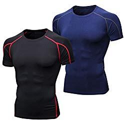 Niksa 2 Piezas Camisetas de Fitness Compresión Ropa Deportiva Manga Corta Hombre para Correr, Ejercicio,Gimnasio Negro Rojo+Azul Marino1053(S)