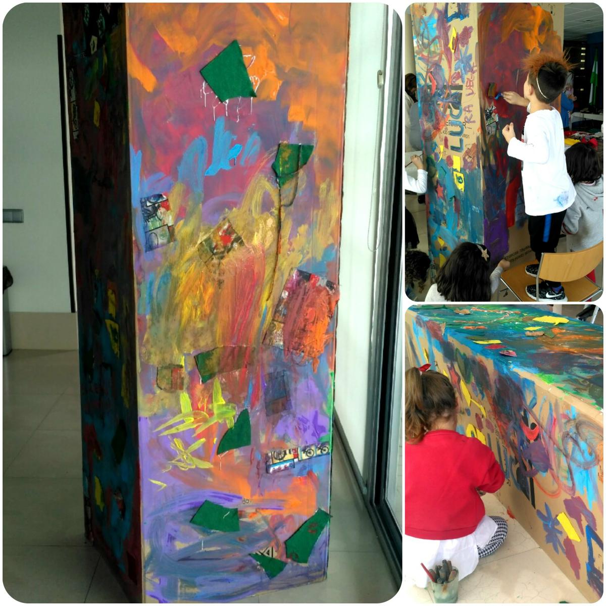 Niñso pintando y haciendo collage en una caja y el resultado final. Colores y piezas textiles al azar pero con un efecto visual potente