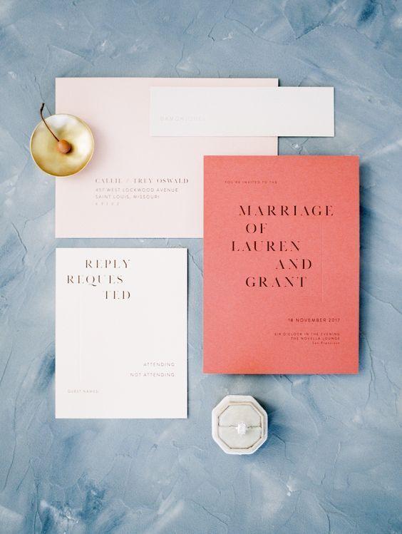 invitación de boda en color living coral pantone 2019