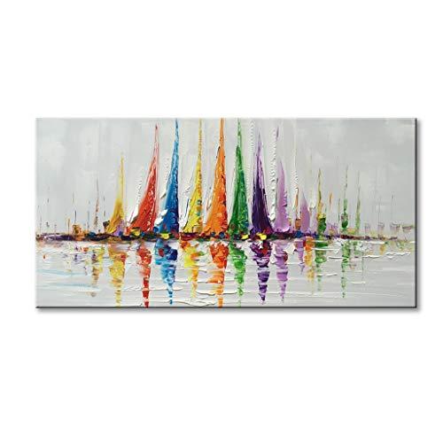 Canvas Wall Art Sailboat Oil Painting Hand Painted Colorful Abstract Boat Impression Artwork Modern Sailing Decorations Framed and Stretched 48”x24”