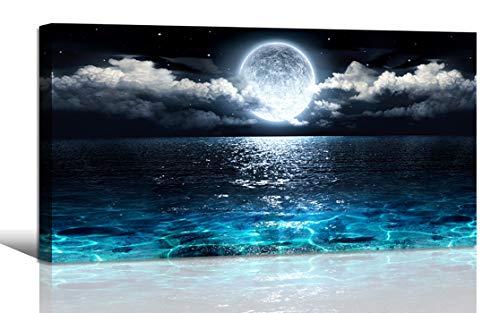 Wall Art Moon Sea Ocean Landscape Picture Canvas Wall Art Print Paintings Modern Artwork for Living Room Wall Decor and Home Décor Framed Ready to Hang,2cm Thick Frame, Waterproof Artwork.