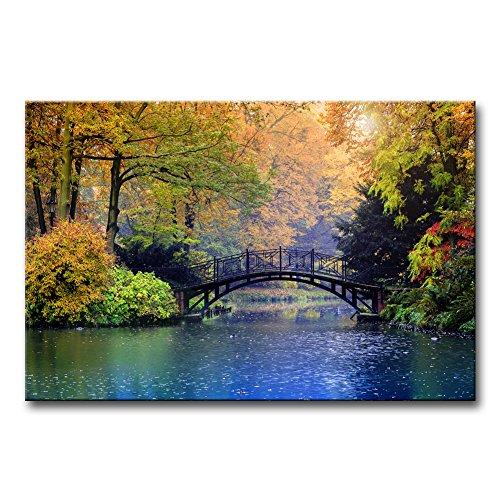 Modern Canvas Painting Wall Art The Picture For Home Decoration Old Bridge Over Blue Lake In Autumn Misty Park With Colourful Trees Landscape Forest&Lake Print On Canvas Giclee Artwork For Wall Decor