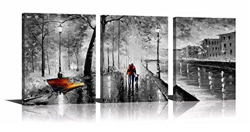 YPY 3 Panel Palette Knife Oil Paintings Abstract Modern City Street View Cityscape Building Artwork Walking Wall Art for Living Room (Black, 12x16in)