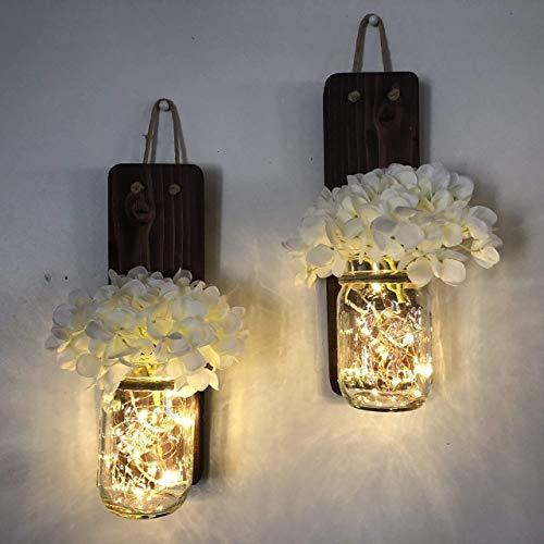 Tennessee Wicks Rustic Mason Jar Wall Sconce Set of Two, Complete with Two Hydrangeas and Two LED Fairy Light Strands, Batteries Are Included