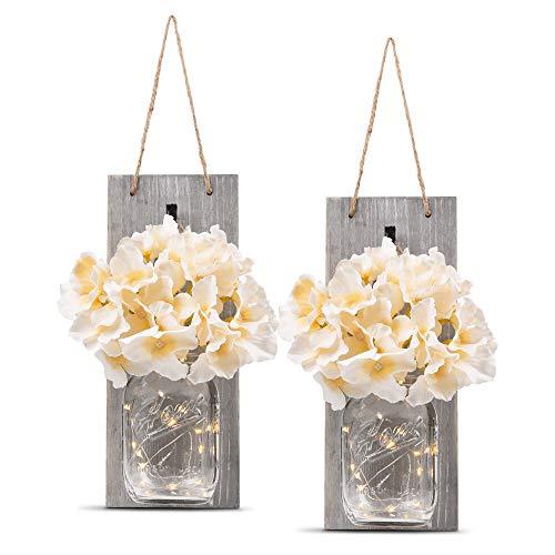 HOMKO Decorative Mason Jar Wall Decor - Rustic Wall Sconces with LED Fairy Lights and Flowers - Farmhouse Home Decor (Set of 2)