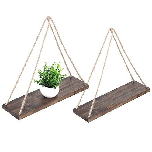 MyGift 17-Inch Distressed Wood Hanging Swing Rope Floating Shelves, Set of 2, Brown