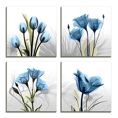 Moyedecor Art - 4 Panel Elegant Tulip Flower Canvas Print Wall Art Painting For Living Room Decor And Modern Home Decorations (Four 12X12in, Blue flower prints framed)