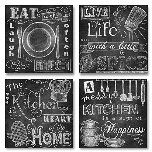 Beautiful, Fun, Chalkboard-Style Kitchen Signs; Messy Kitchen, Heart of the Home, Spice of Life, and Cook Much; Four 12x12in Paper Prints (Printed on paper and made to look like chalkboard)