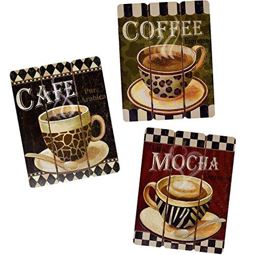 Coffee House Cup Mug Cafe Latte Java Mocha Wooden Hanging Wall Art Home Decor, Set of 3 Modern Paintings For Office Bedroom Kitchen Living and Dining Room Accessories