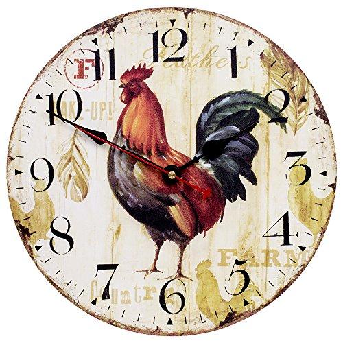 Home Decor Clock, Colorful Retro Arabic Numerals Style,Silent Non -Ticking Quartz Wooden Wall Clock, Large Wall Art Decorative for Kitchen,Living Room,Kids Room and Coffee Decor (12 Inch, Rooster)