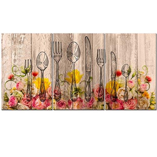 Sechars - 3 Panel Canvas Art Wall Decor Classic Cutlery Set Spoons,Forks and Knifes in Wood Backgroud Illustration Picture Canvas Prints Wall Art Modern Restaurant Kitchen Wall Decorations