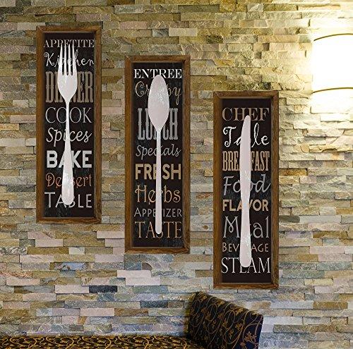 LaModaHome Kitchen Wall Art, Spoon Knife and Fork, Eating Food, Restaurant - Thick Pine Wood Framed, Size (7.5" x 27.6") - Set of 3 - Wall Hanging for Living Room, Bedroom, Dorm