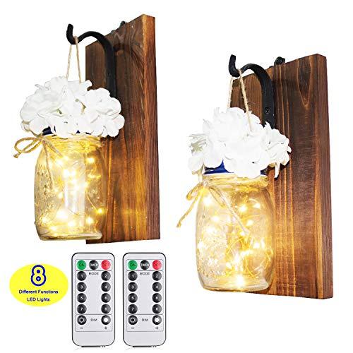 CALATOUR Mason Jar Decor Wall Sconce,16OZ Mason Jars,20 LED Lights with Remote Control,Wrought Iron Hooks,Wood Boards,Silk FlowersSet of 2