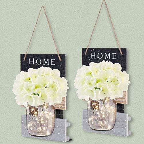 BOARDERR Rustic Mason Jar Sconce Wall Decor with Fairy LED Strip Lights Home Decor Hanging Mason Jar Light Decor Set of 2 - Wood Printed Home(Large)