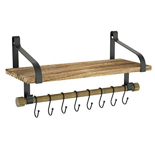 Love-KANKEI Wall Shelf for Storage - Rustic Wood Kitchen Spice Rack with Towel Bar and 8 Removable Hooks for Organize Cooking Utensils or Mugs Torched Finish