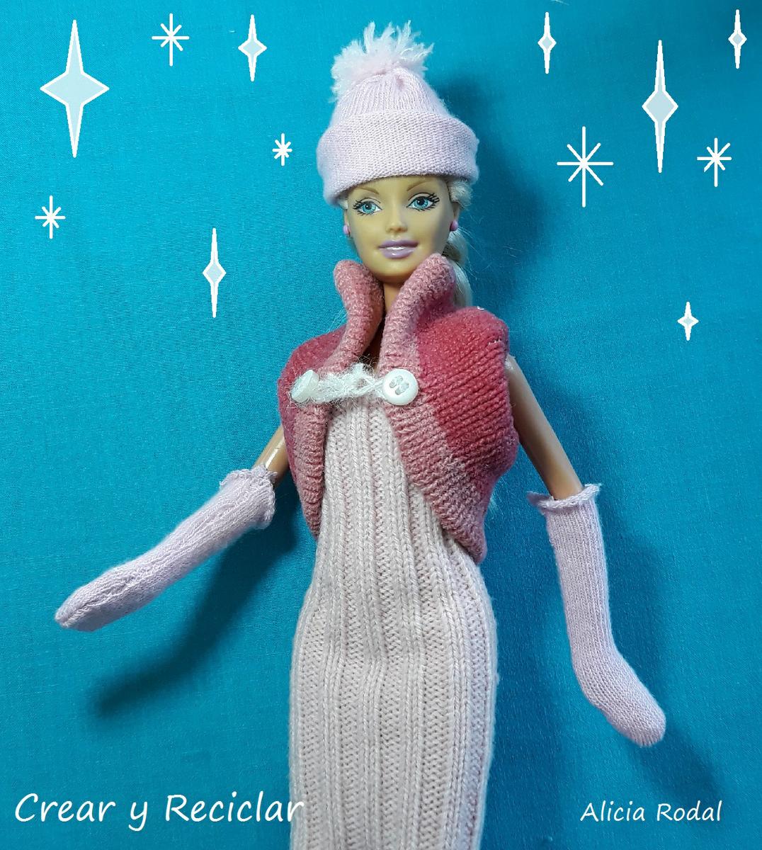 Conjunto ropa de invierno rosa: Botas, chaleco, gorro y guantes DIY con reciclaje