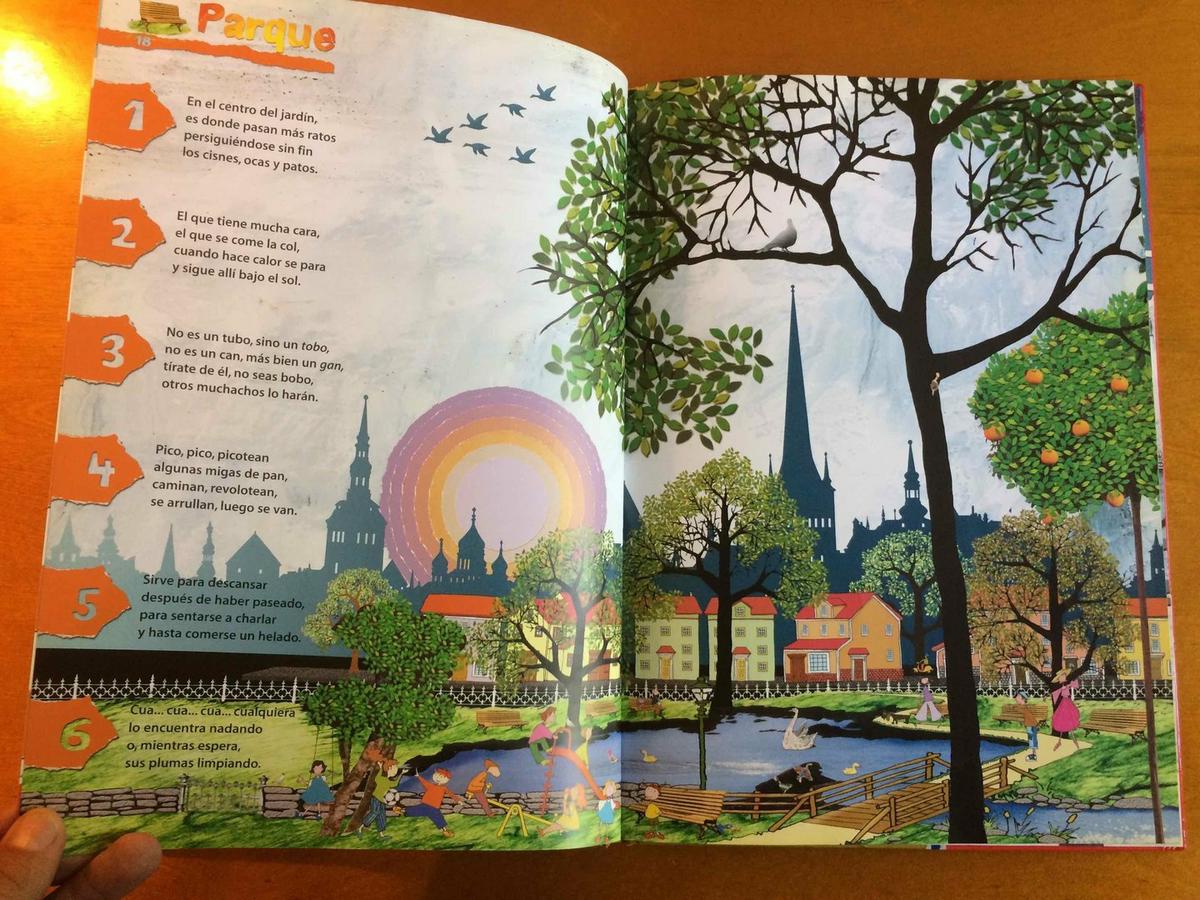 Ilustración de un parque del libro "Oro Parece" 