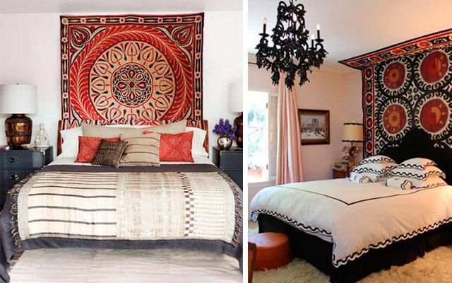 dormitorio decorado con telas en cabecera
