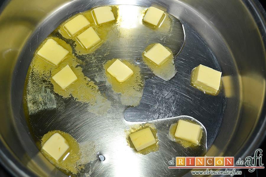 Crema noruega con salmón marinado y chantillí de lima, en un caldero poner la mantequilla cortada en cubitos con un poco de aceite de oliva