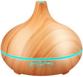 Difusor de aceites esenciales color marrón madera y línea azul